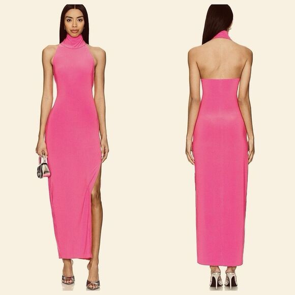 Norma Kamali Dresses & Skirts - Norma Kamali Halter Turtleneck Side Slit Gown Maxi Dress Sz L Rose Pink Stretch
